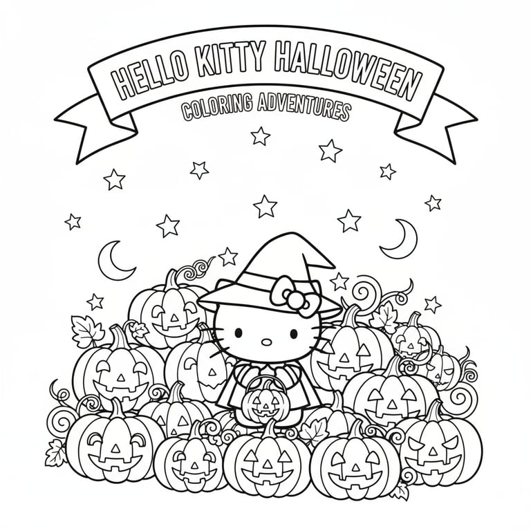 Hello Kitty Halloween coloring book cover style layout with pumpkins stars and title