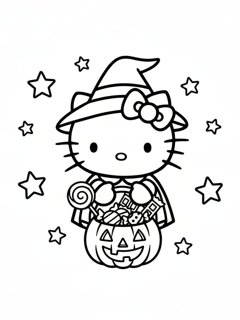 Hello Kitty holding trick-or-treat pumpkin basket surrounded by candy and stars coloring page