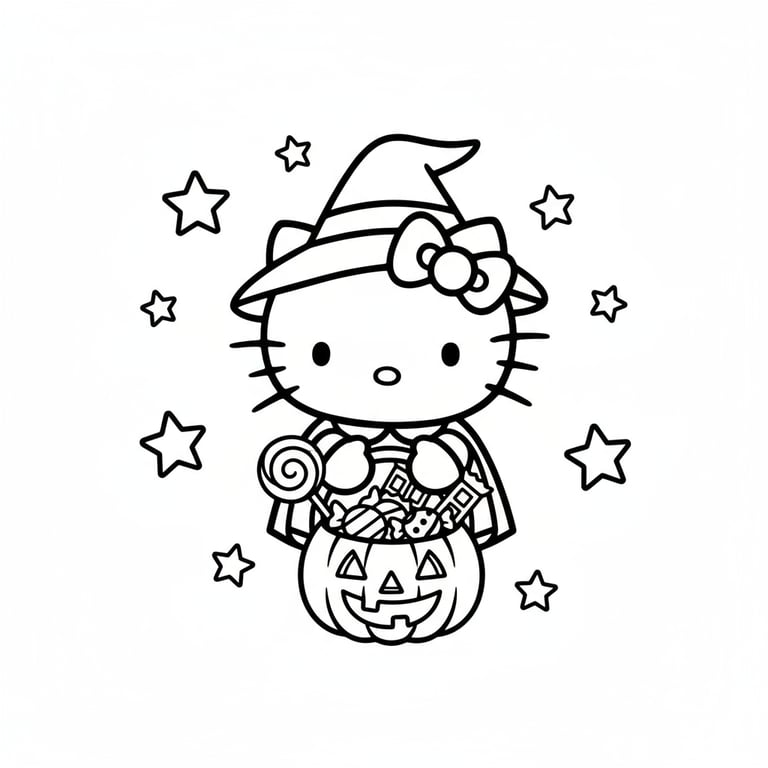 Hello Kitty holding trick-or-treat pumpkin basket surrounded by candy and stars coloring page
