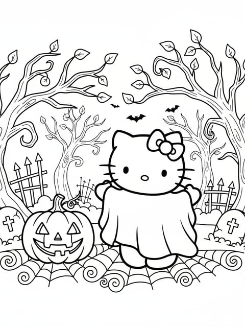 Hello Kitty dressed as ghost standing next to jack-o-lantern in haunted forest coloring page