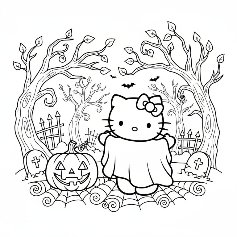 Hello Kitty dressed as ghost standing next to jack-o-lantern in haunted forest coloring page