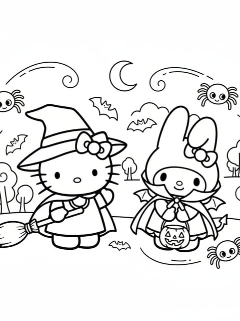 Hello Kitty and My Melody wearing Halloween costumes playing with bats and spiders coloring page