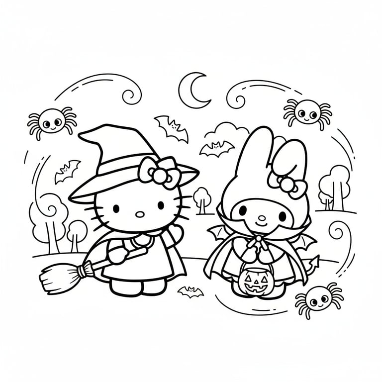 Hello Kitty and My Melody wearing Halloween costumes playing with bats and spiders coloring page