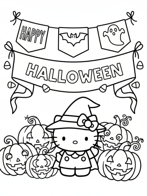 Hello Kitty surrounded by carved pumpkins and Halloween banners cute festive coloring page