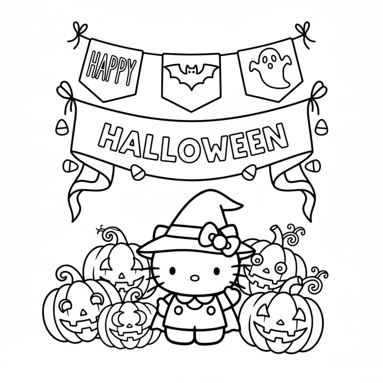 Hello Kitty surrounded by carved pumpkins and Halloween banners cute festive coloring page
