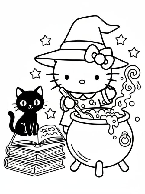 Hello Kitty stirring bubbling cauldron with black cat and spell book Halloween coloring page