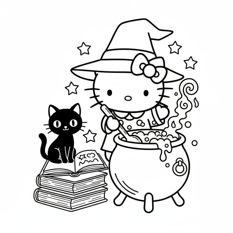 Hello Kitty stirring bubbling cauldron with black cat and spell book Halloween coloring page