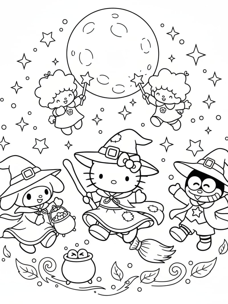 Hello Kitty and friends dressed as witches dancing under full moon with stars coloring page