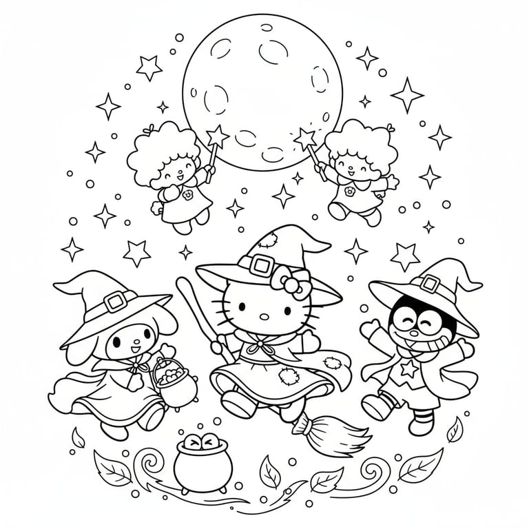 Hello Kitty and friends dressed as witches dancing under full moon with stars coloring page