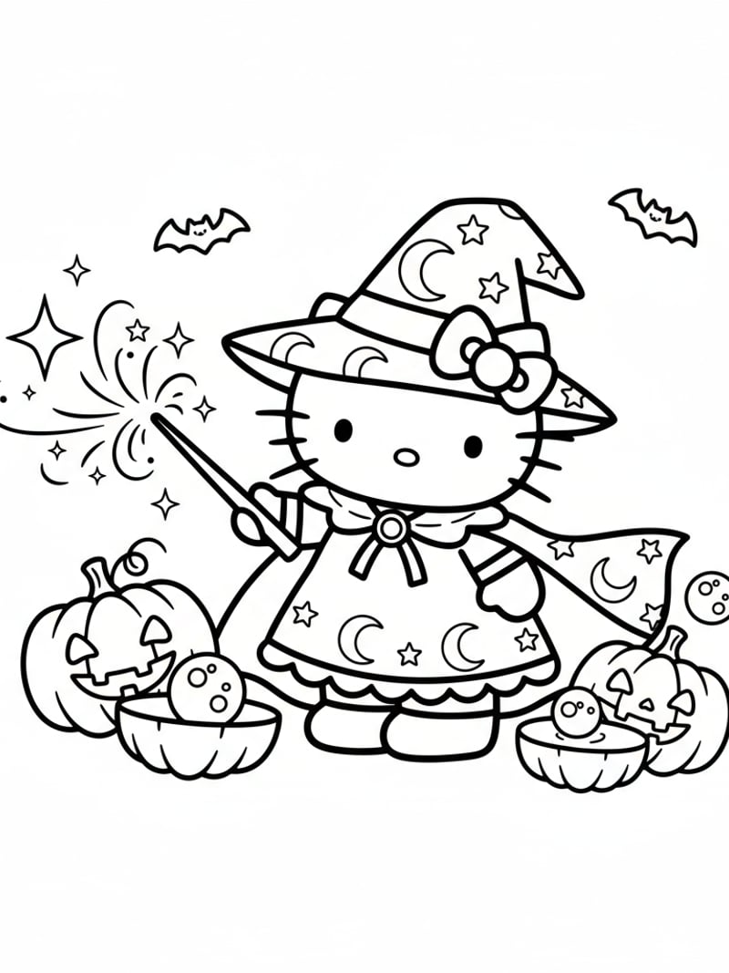 Hello Kitty in magical witch costume casting spells with sparkles and pumpkins coloring page