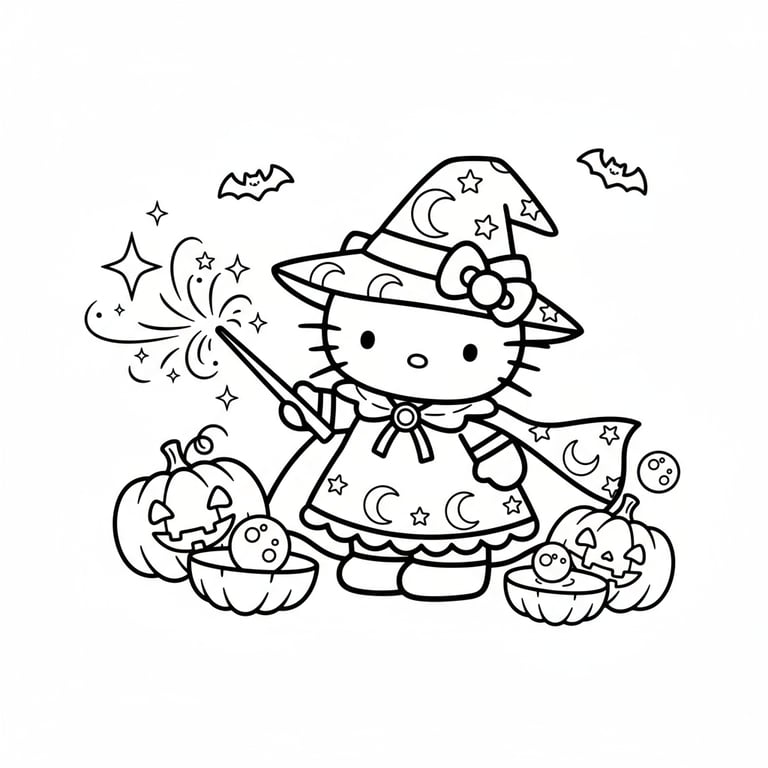 Hello Kitty in magical witch costume casting spells with sparkles and pumpkins coloring page