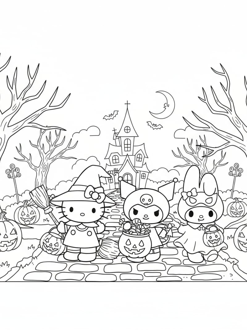 Hello Kitty Kuromi and My Melody in Halloween costumes going trick-or-treating coloring page