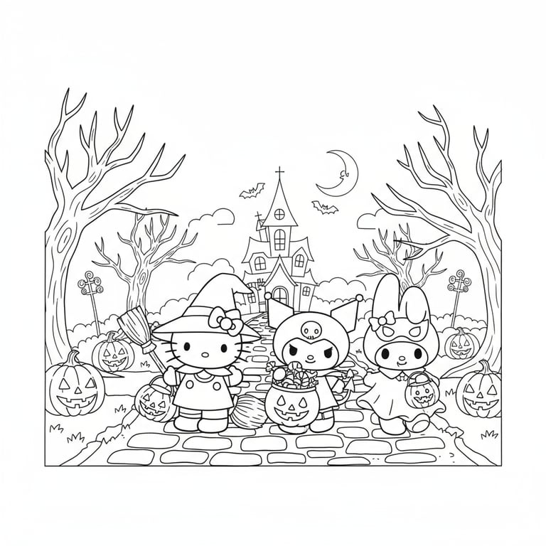 Hello Kitty Kuromi and My Melody in Halloween costumes going trick-or-treating coloring page