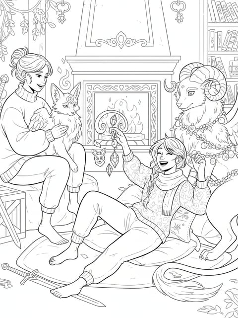 Huntrix girls in casual outfits relaxing with magical pets and charms