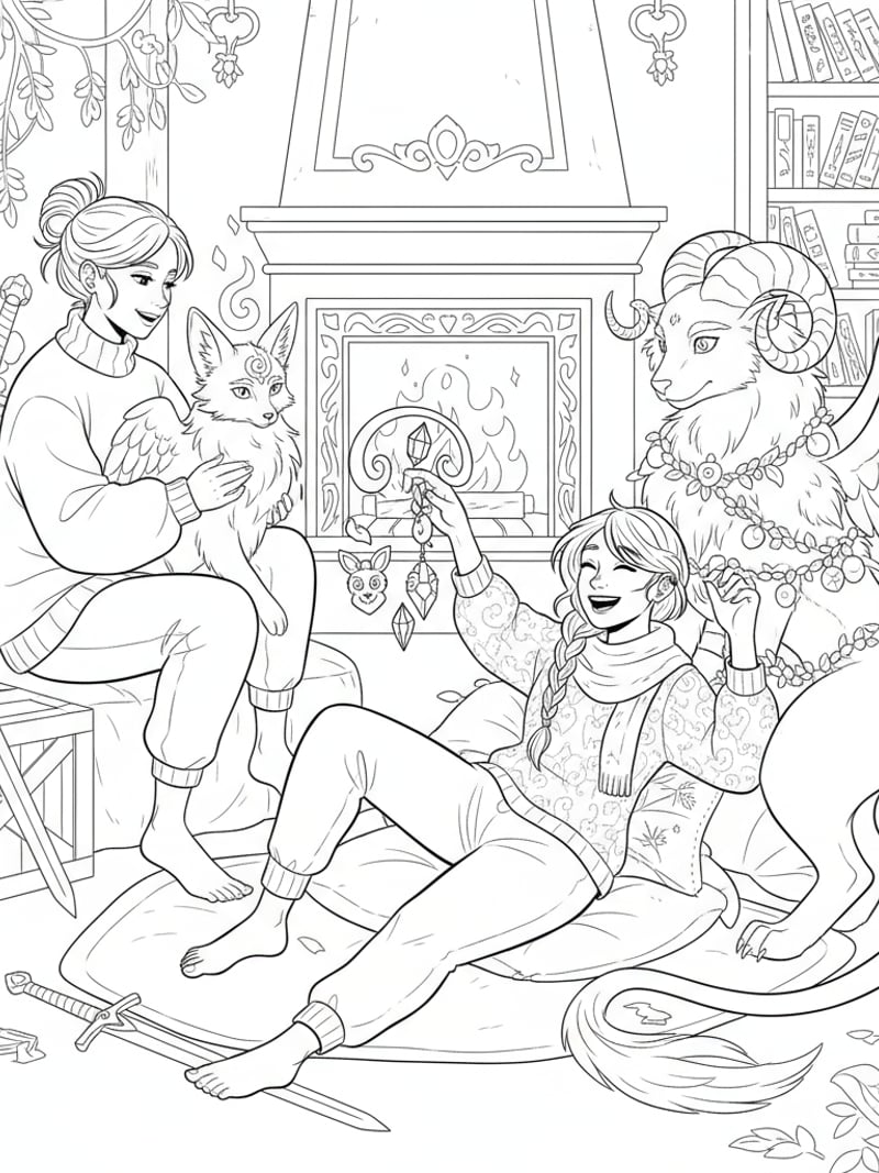 Huntrix girls in casual outfits relaxing with magical pets and charms