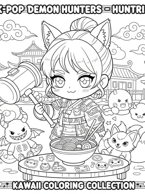 Huntrix chibi fanart with ramen plushies and stickers kawaii collection