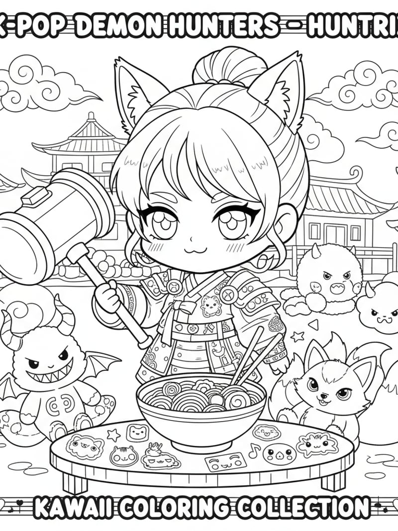 Huntrix chibi fanart with ramen plushies and stickers kawaii collection