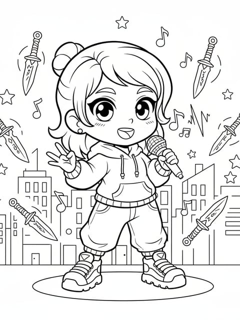 Cute chibi Zoey from Huntrix rapping with magical floating knives