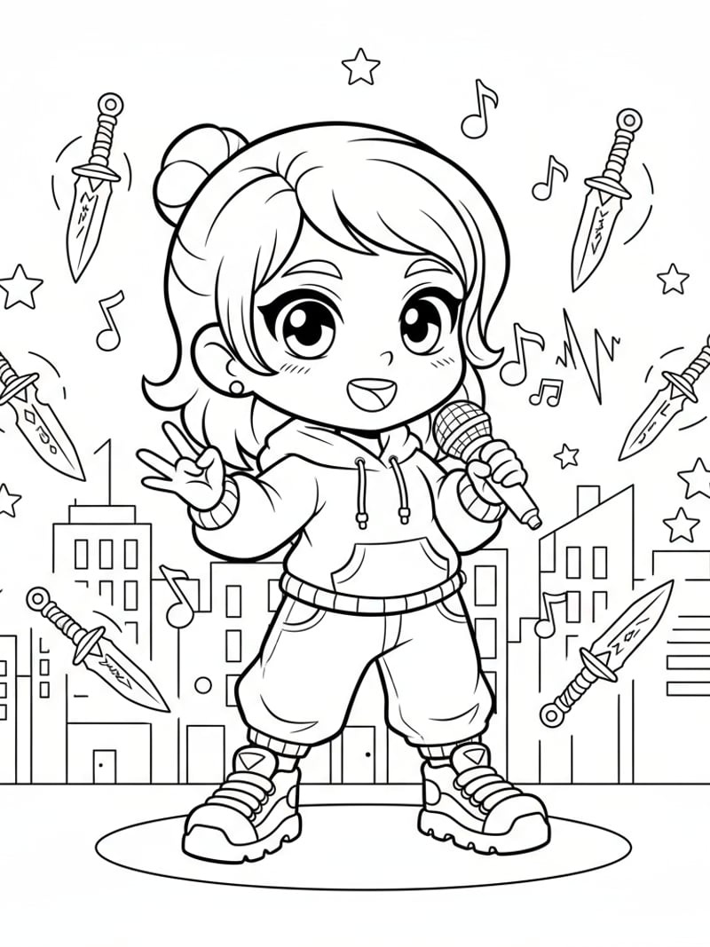 Cute chibi Zoey from Huntrix rapping with magical floating knives