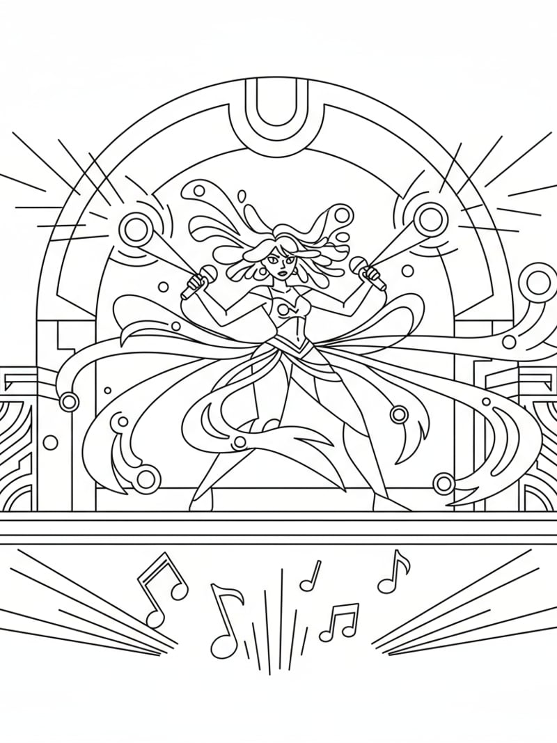 Huntrix performing with glowing microphones and soul energy lights on stage