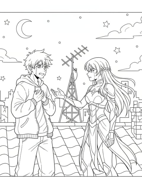 Jinu and Rumi having emotional rooftop conversation anime-style