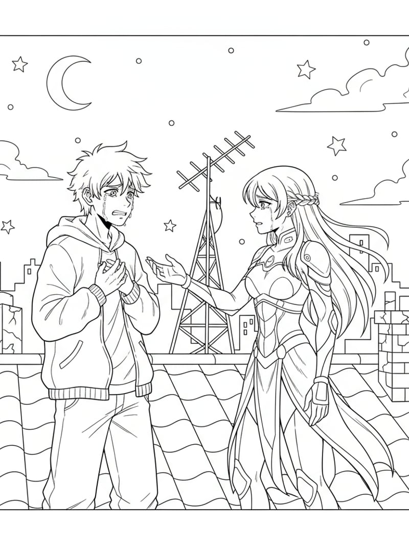 Jinu and Rumi having emotional rooftop conversation anime-style