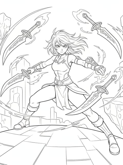 Zoey knife combat practice with enchanted daggers floating mid-air anime-style