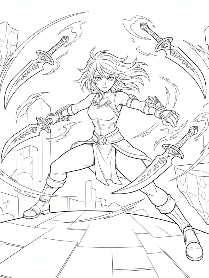 Zoey knife combat practice with enchanted daggers floating mid-air anime-style