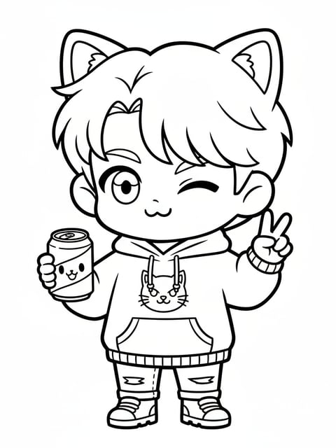 Dibujo para colorear de Jinu chibi con orejas de gato, guiñando un ojo y sosteniendo una lata de Soda Pop