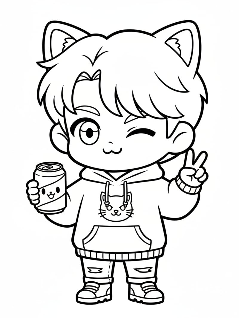 Chibi Jinu wearing cat ears winking and holding soda pop can