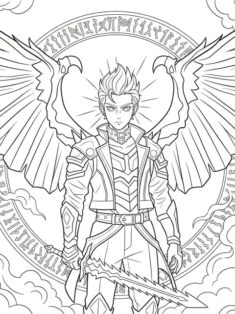 Dibujo para colorear de Jinu en transformación demoníaca con alas extendidas y ojos brillantes