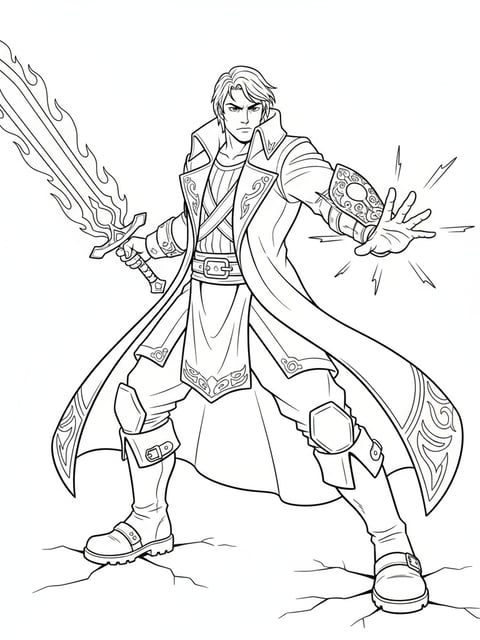 Dibujo para colorear de cuerpo completo de Jinu con abrigo largo, botas y brazalete resplandeciente de energía de alma