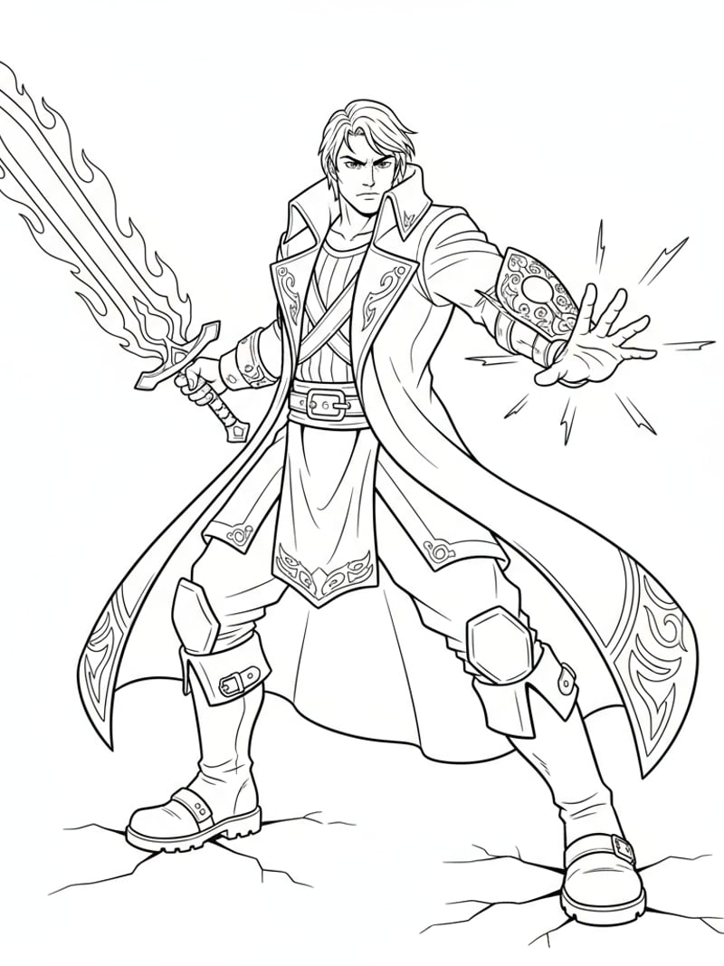 Jinu full-body in demon hunter outfit with long coat boots and soul-glow bracelet heroic pose