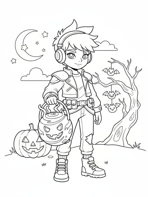 Dibujo para colorear de un niño disfrazado de Jinu para Halloween con bolsa de dulces en forma de orbe de alma