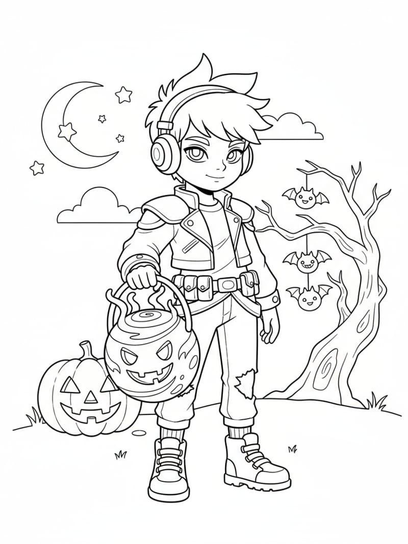 Kid dressed as Jinu for Halloween with soul orb trick-or-treat bag