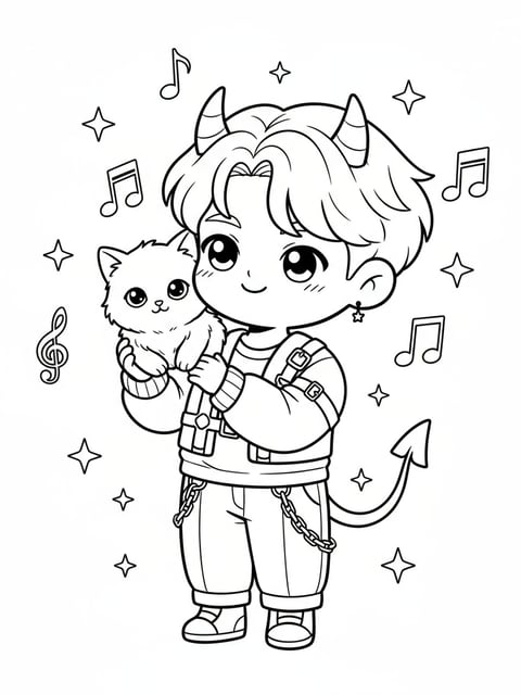 Dibujo para colorear de Jinu sosteniendo un gatito en el hombro con destellos y notas musicales