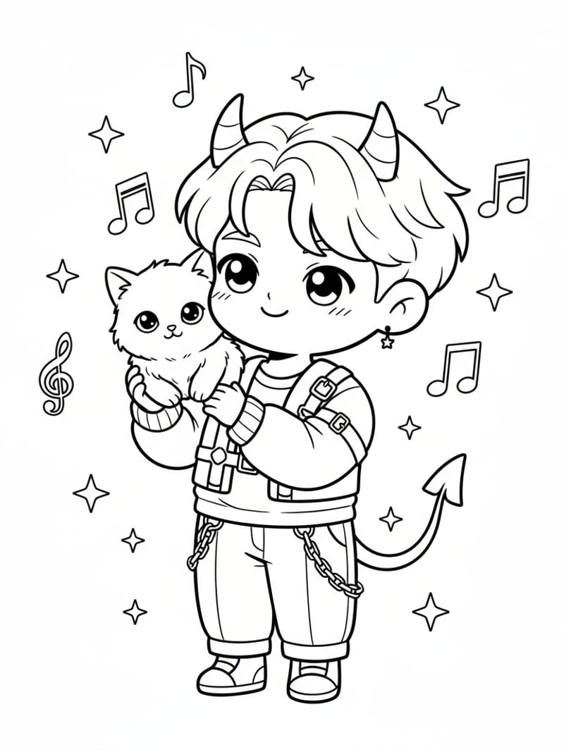 Jinu holding kitten on shoulder with sparkles and musical notes kawaii style