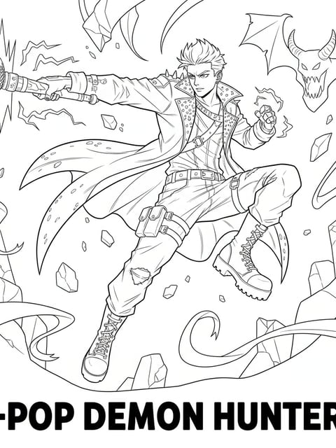 Dibujo para colorear de Jinu saltando en plena batalla con su arma-micrófono en una pose dramática