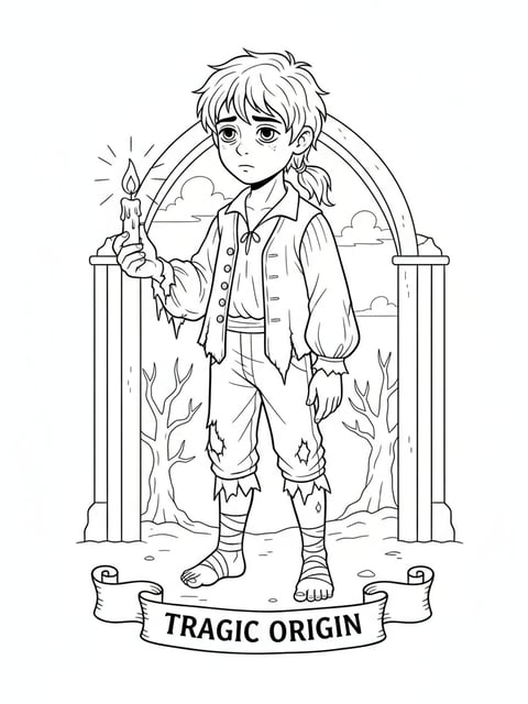 Dibujo para colorear de Jinu niño del siglo XVII con ropa gastada y una vela en su historia de origen