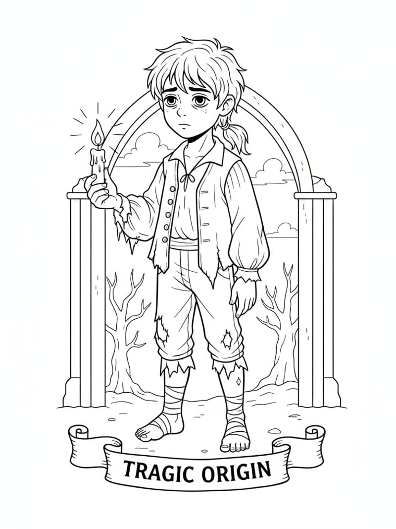 Young Jinu from 1600s in ragged clothes holding candle tragic origin story