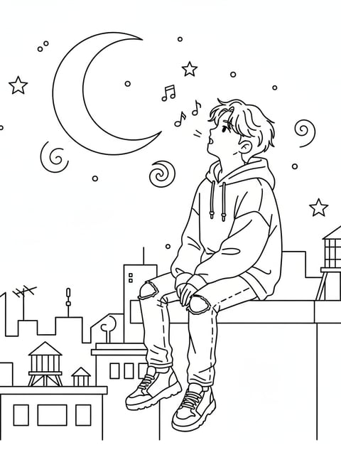 Dibujo para colorear de Jinu con ropa casual de idol sentado en una azotea nocturna mirando la luna