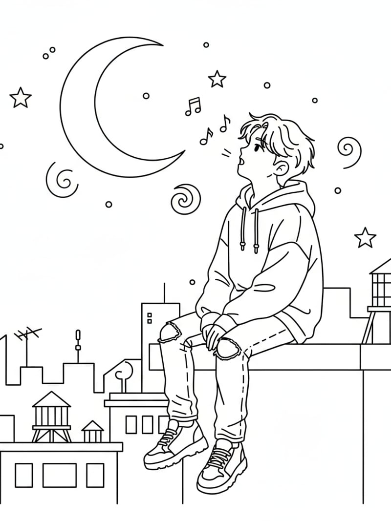 Jinu in casual clothes on rooftop at night looking at moon humming reflective scene