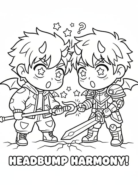 Dibujo para colorear de Jinu y Rumi chibi chocando cabezas por accidente durante el entrenamiento