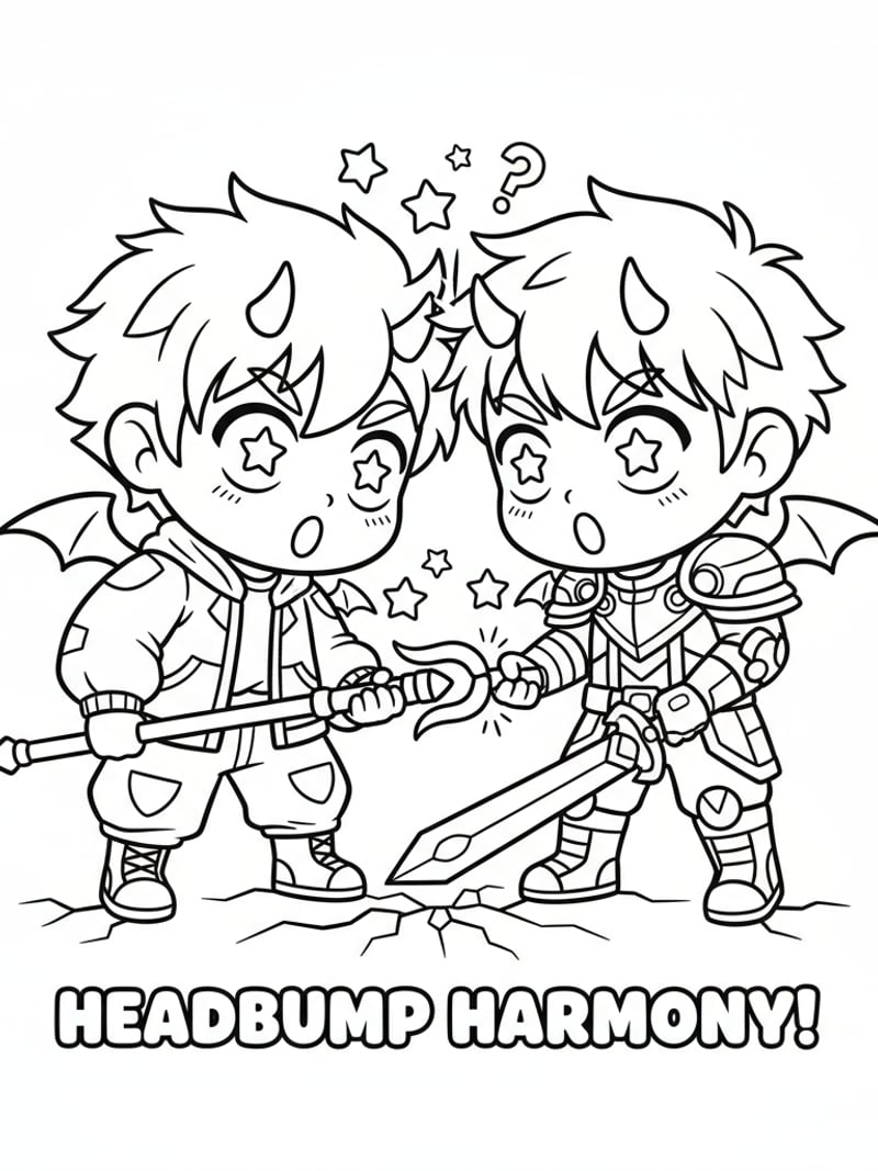 Chibi Jinu and Rumi bumping heads during training looking surprised cute and funny