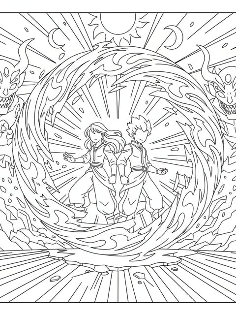 Dibujo para colorear de Jinu y Rumi en la batalla final formando un gran escudo dorado con energía de almas