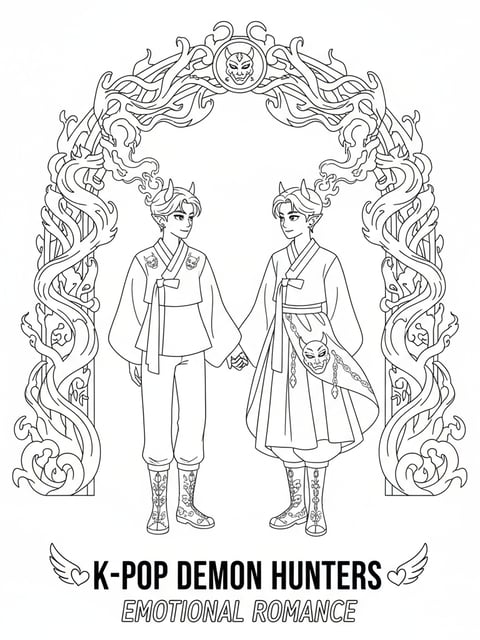 Dibujo para colorear de Jinu y Rumi tomados de la mano bajo energía de puerta de almas