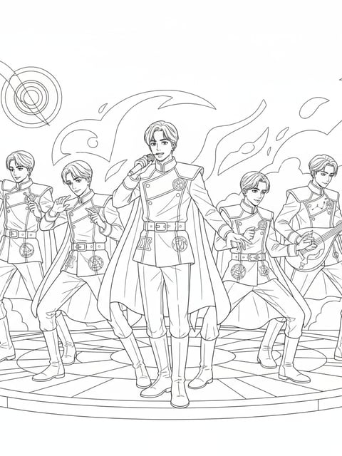 Dibujo para colorear de Jinu ensayando con Saja Boys en uniformes oscuros de idol con símbolos mágicos
