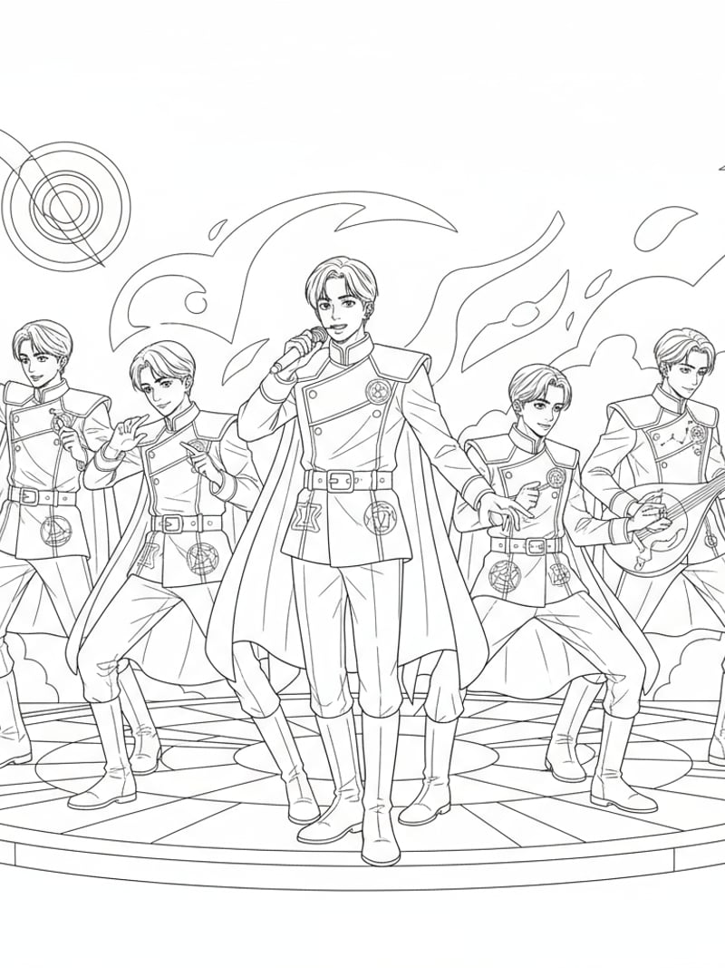 Jinu rehearsing with Saja Boys in matching dark idol uniforms with glowing magical symbols