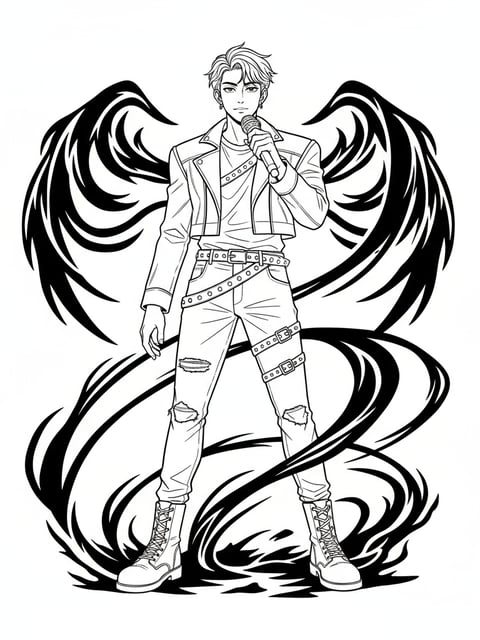 Dibujo para colorear de Jinu de KPOP Demon Hunters con traje de escenario característico, micrófono y energía oscura
