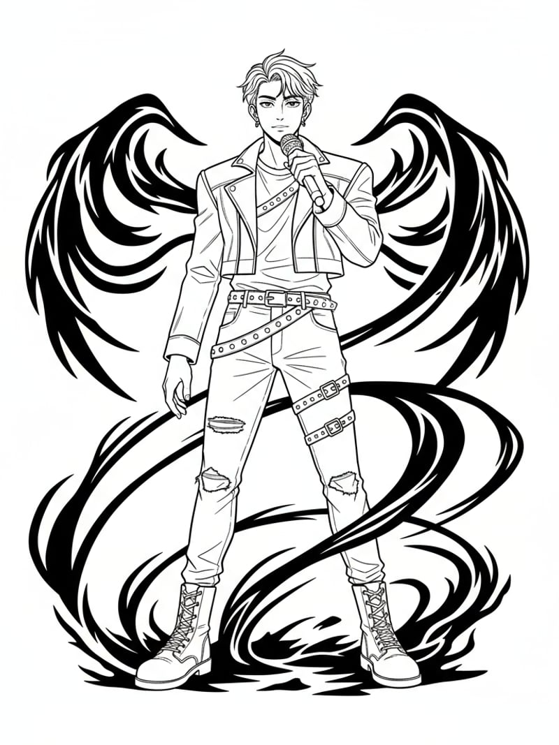 Jinu from K-Pop Demon Hunters in signature stage outfit with microphone and dark swirling energy